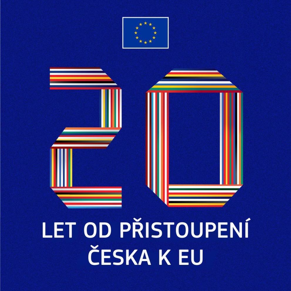 modré logo s textem 20 let od přistoupení Česka do EU