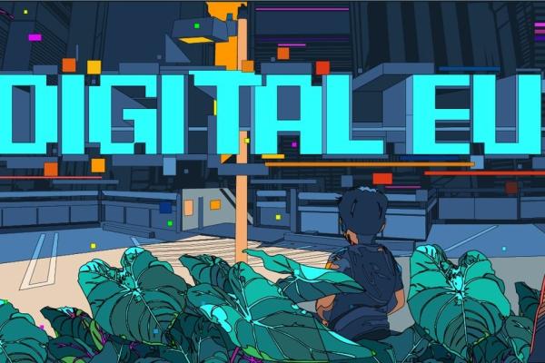 Chlapec s rodiči a počítač - kreslený obrázek a nápis Digital EU